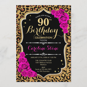 90th Birthday - Pink Roses Leopard Print Invitation