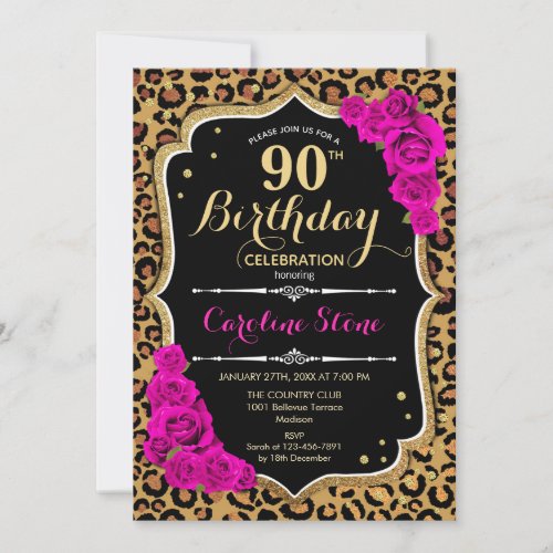 90th Birthday _ Pink Roses Leopard Print Invitation