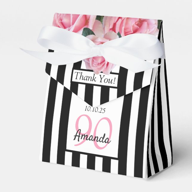 90th birthday pink roses on black white stripes favor boxes (Front Side)