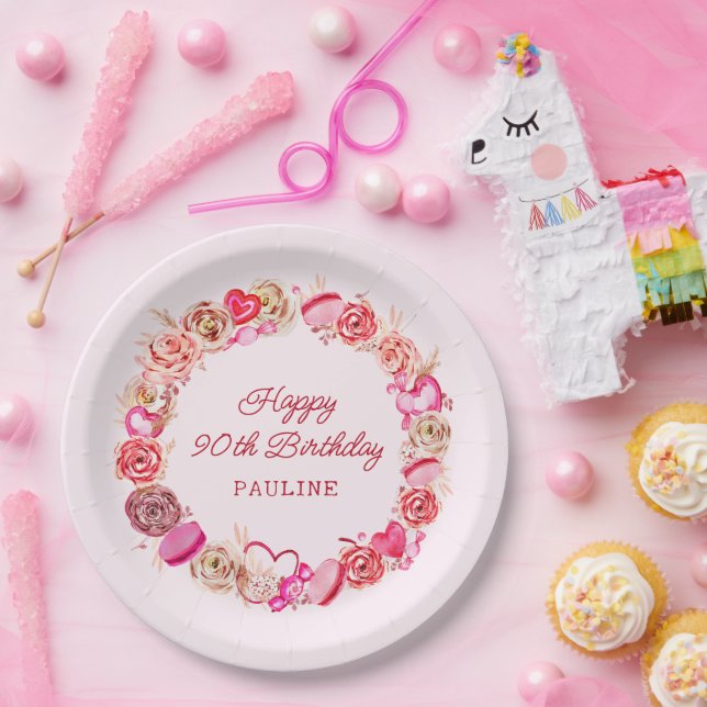 90th Birthday Pink Roses Swirly Heart Paper Plates (Party)
