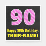 [ Thumbnail: 90th Birthday: Pink Stripes and Hearts "90" + Name Napkins ]