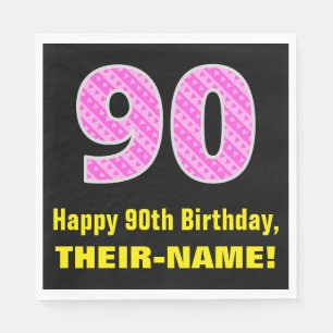 90th Birthday: Pink Stripes and Hearts "90" + Name Napkins