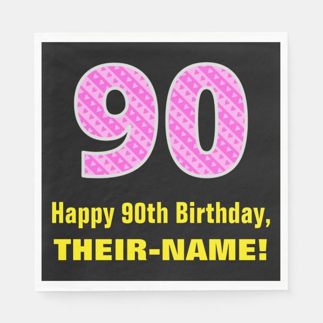90th Birthday: Pink Stripes and Hearts "90" + Name Napkins (Front)
