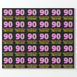 [ Thumbnail: 90th Birthday: Pink Stripes and Hearts "90" + Name Wrapping Paper ]