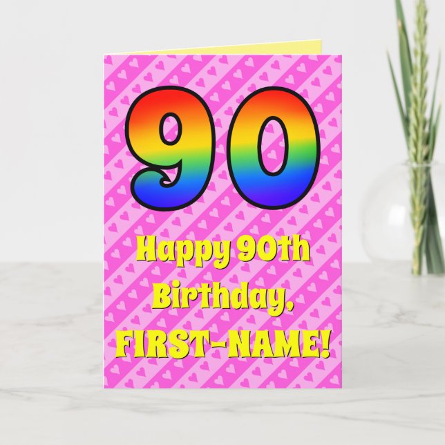 90th Birthday: Pink Stripes & Hearts, Rainbow # 90 Card (Front)