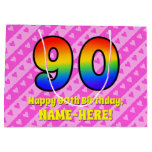 [ Thumbnail: 90th Birthday: Pink Stripes & Hearts, Rainbow # 90 Gift Bag ]
