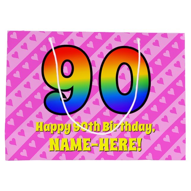 90th Birthday: Pink Stripes & Hearts, Rainbow # 90 Large Gift Bag (Back)
