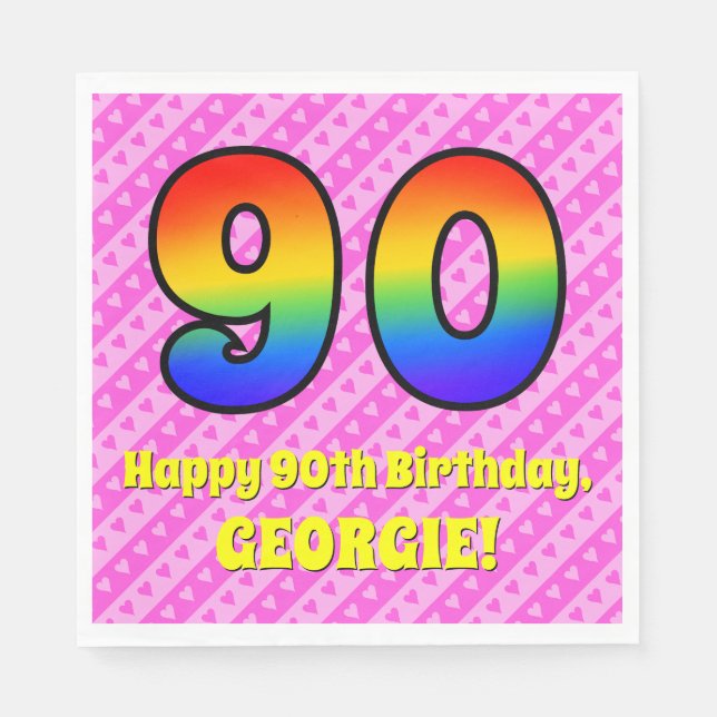 90th Birthday: Pink Stripes & Hearts, Rainbow # 90 Napkins (Front)