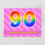[ Thumbnail: 90th Birthday: Pink Stripes & Hearts, Rainbow 90 Postcard ]