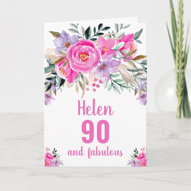 90th birthday pink watercolor floral card (Front)