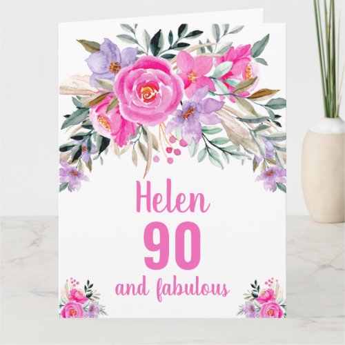 90th birthday pink watercolor floral card