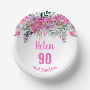90th birthday pink watercolor floral paper bowls