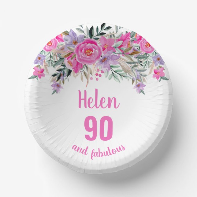 90th birthday pink watercolor floral  paper bowls (Front)