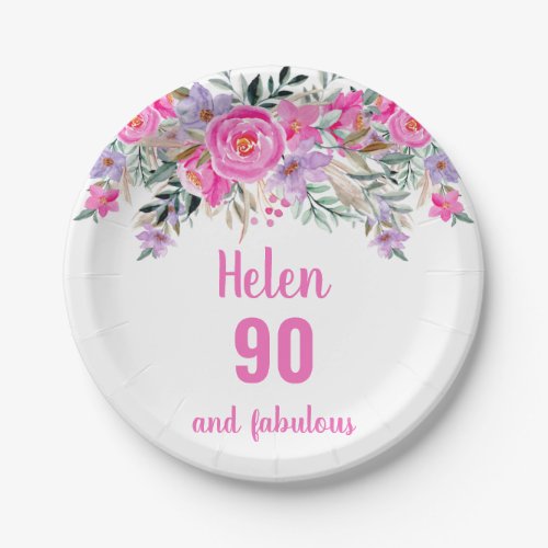 90th birthday pink watercolor floral  paper plates