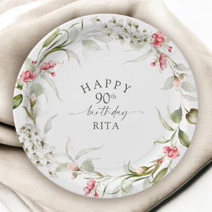 90th Birthday Pink Watercolor Floral Paper Plates
