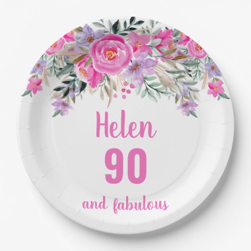 90th birthday pink watercolor floral  paper plates