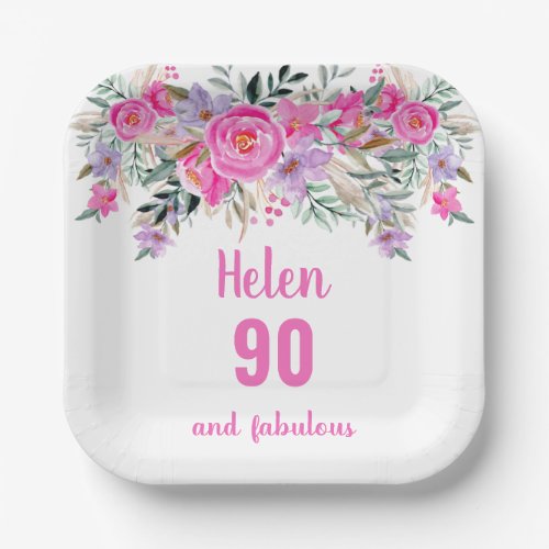 90th birthday pink watercolor floral  paper plates