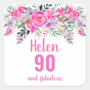 90th birthday pink watercolor floral square sticker