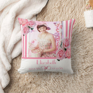 90th birthday pink white stripes floral photo throw pillow