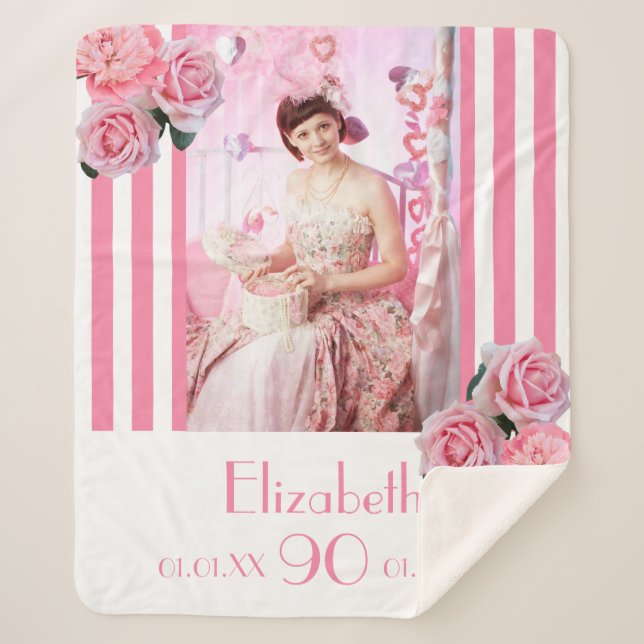 90th birthday pink white stripes florals photo sherpa blanket (Front)