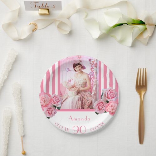 90th birthday pink white stripes flowers photo paper plates