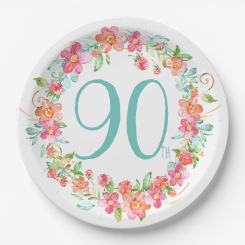 90th birthday pretty watercolor floral party paper plates
