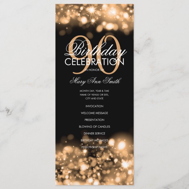 90th Birthday Program Glam Lights Gold w/ Menu (Front)