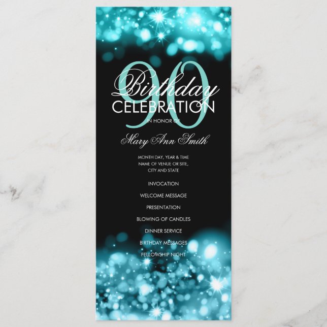 90th Birthday Program Glam Lights Teal Menu (Front)