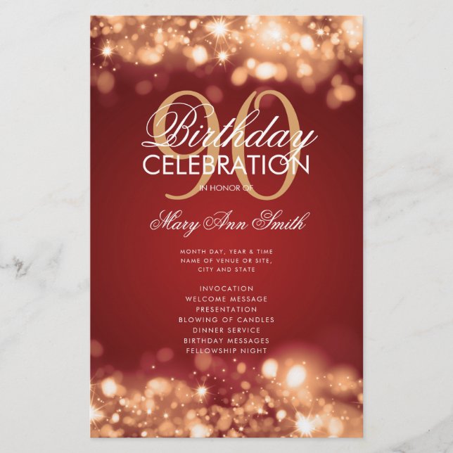 90th Birthday Program Lights Gold Red Menu Flyer (Front)