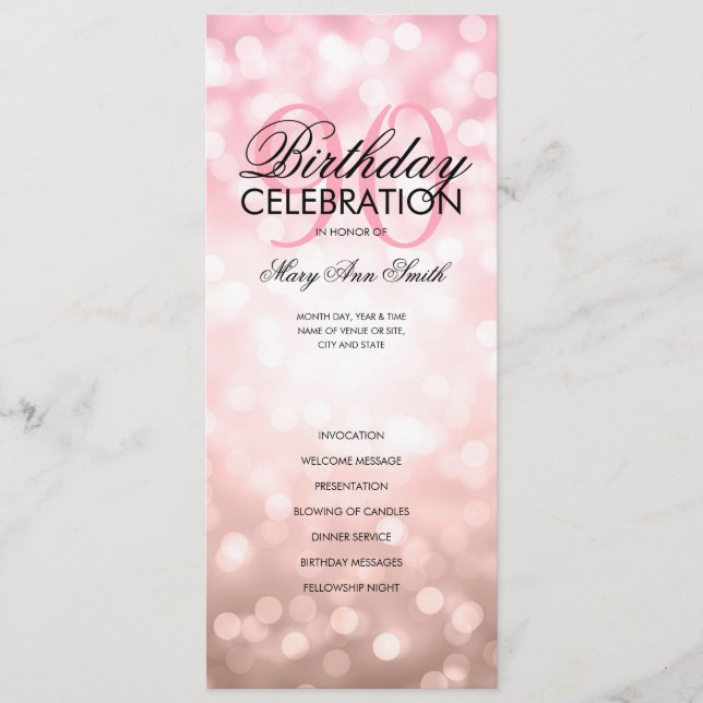 90th Birthday Program Lights Rose Gold Menu (Front)