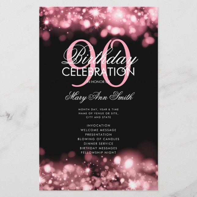 90th Birthday Program Lights Rose Gold Menu Flyer (Front)