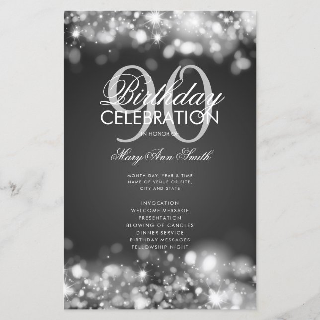 90th Birthday Program Lights Silver w/ Menu (Front)