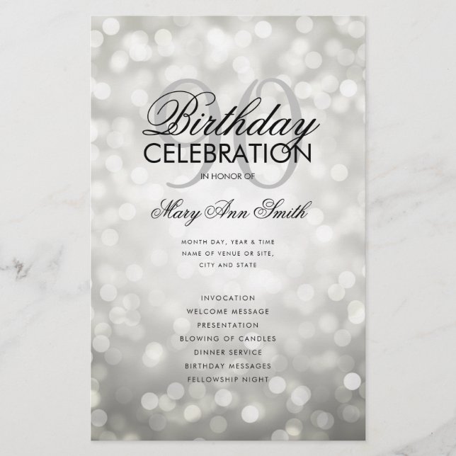 90th Birthday Program Lights Silver w/ Menu  Flyer (Front)