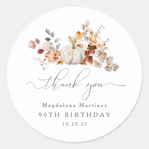 90th Birthday Pumpkin Fall Flower Thank You Classic Round Sticker