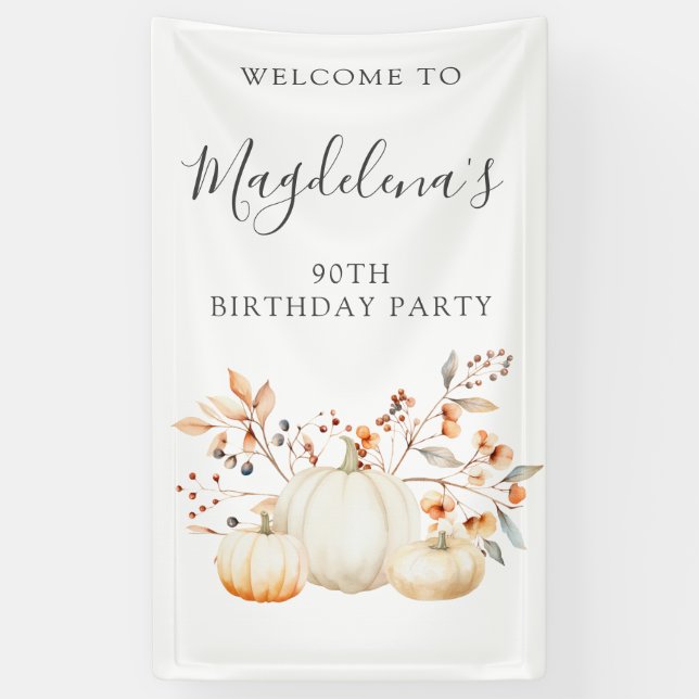 90th Birthday Pumpkin Fall Leaves Vertical Outdoor Banner (Vertical)