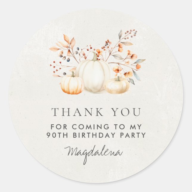 90th Birthday Pumpkin Thank You Favor Classic Round Sticker (Front)