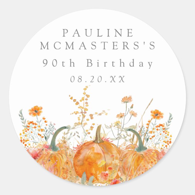 90th Birthday Pumpkin Wildflower Custom Favor Classic Round Sticker (Front)