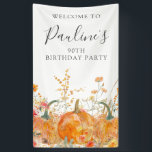 90th Birthday Pumpkin Wildflower Vertical Outdoor Banner<br><div class="desc">Fall pumpkins are nestled in delicate golden yellow and orange wildflowers to create an elegant aesthetic. All of the text is editable so you can easily craft your own special mood.</div>