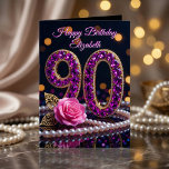 90th Birthday Purple Amethyst Jewels Pink Rose Card<br><div class="desc">Celebrate a magnificent milestone with this luxurious 90th Birthday card, designed to make her feel like the gem she is. The front design features the number "90" elaborately crafted in faux purple amethyst gemstones and gold encasing, accompanied by a soft pink rose with gold filigree leaves and a classic strand...</div>