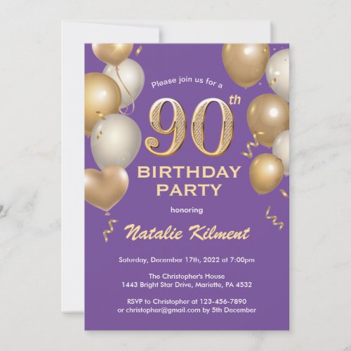 90th Birthday Purple and Gold Glitter Balloons Invitation