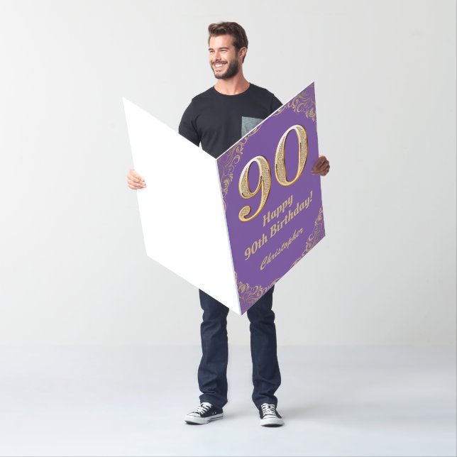 90th Birthday Purple and Gold Glitter Extra Large Card (In Situ)