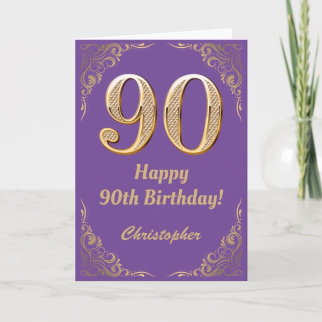 90th Birthday Purple and Gold Glitter Frame Card (Front)