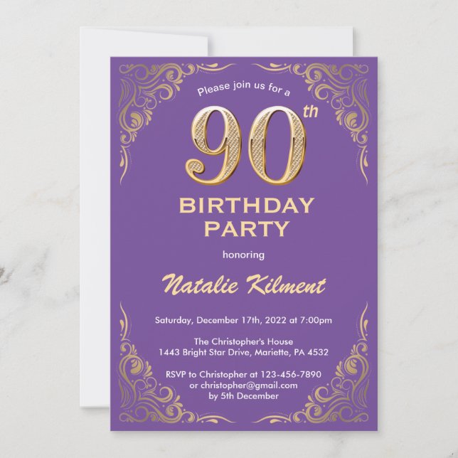 90th Birthday Purple and Gold Glitter Frame Invitation (Front)