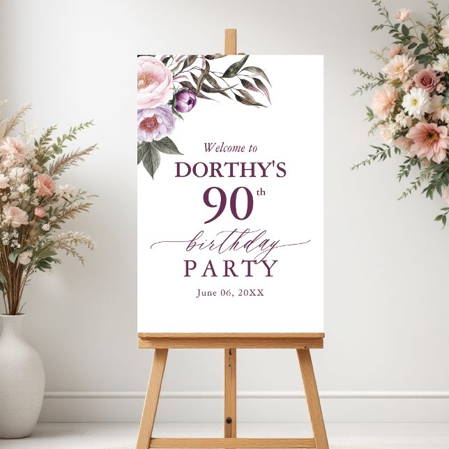 90th Birthday Purple Floral Script Welcome Sign (Creator Uploaded)