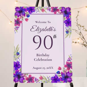 90th Birthday Purple Floral Welcome Sign