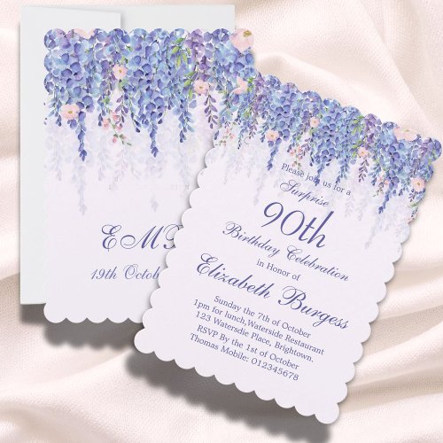 90th Birthday Purple Floral Wisteria Monogram Invitation