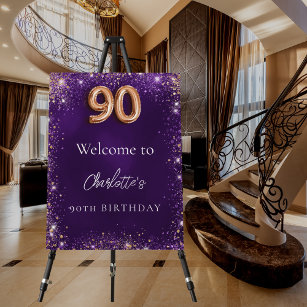 90th birthday purple glitter sparkles welcome foam board
