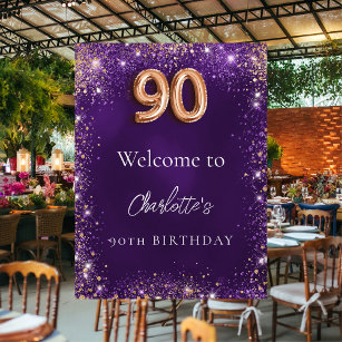 90th birthday purple glitter sparkles welcome poster
