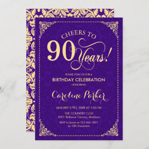 90th Birthday - Purple Gold Damask Invitation