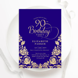 90th Birthday Purple Gold Roses Invitation